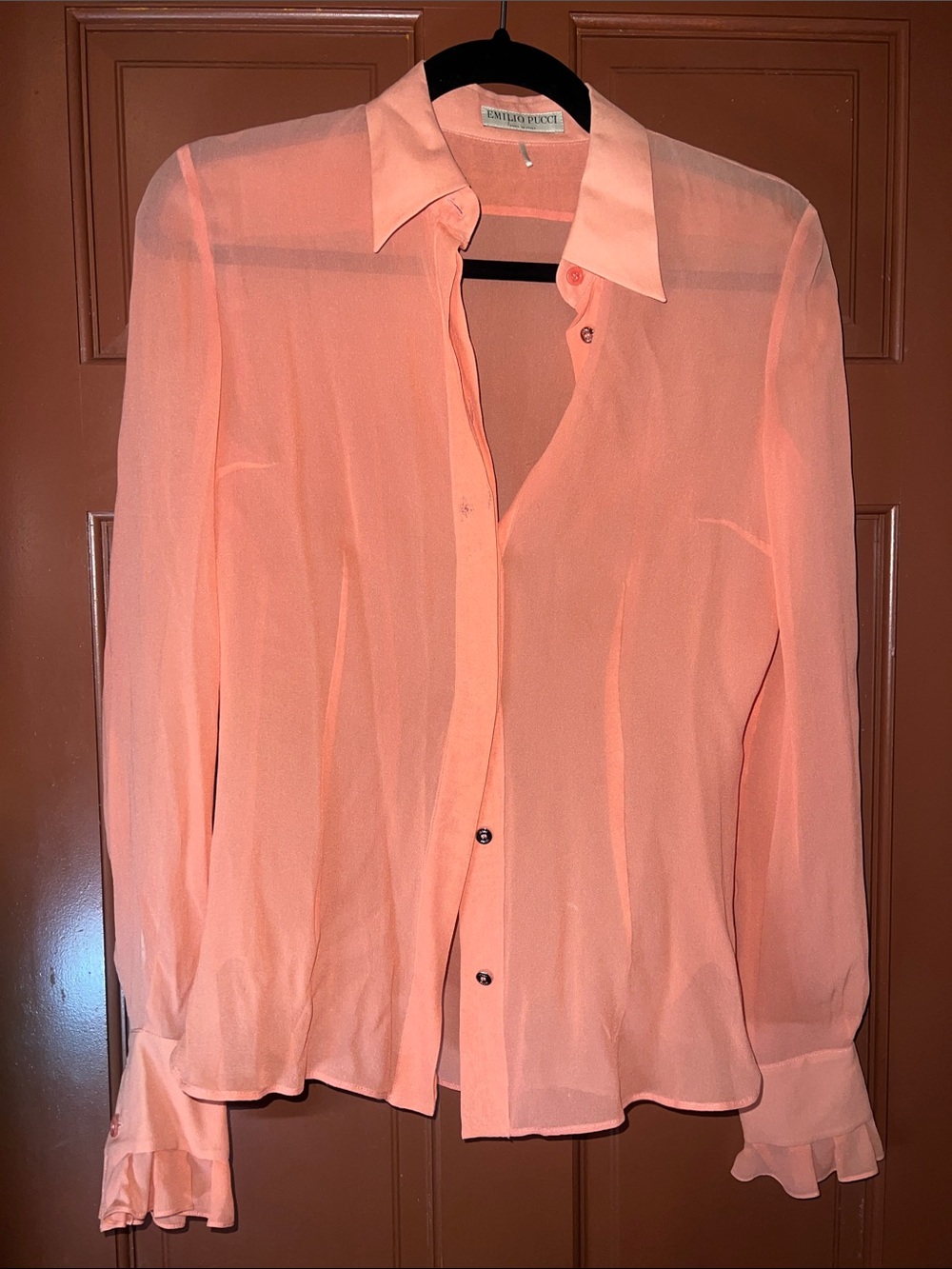 Vintage Emilio Pucci Pale Peach Sheer Silk Button-Down Blouse